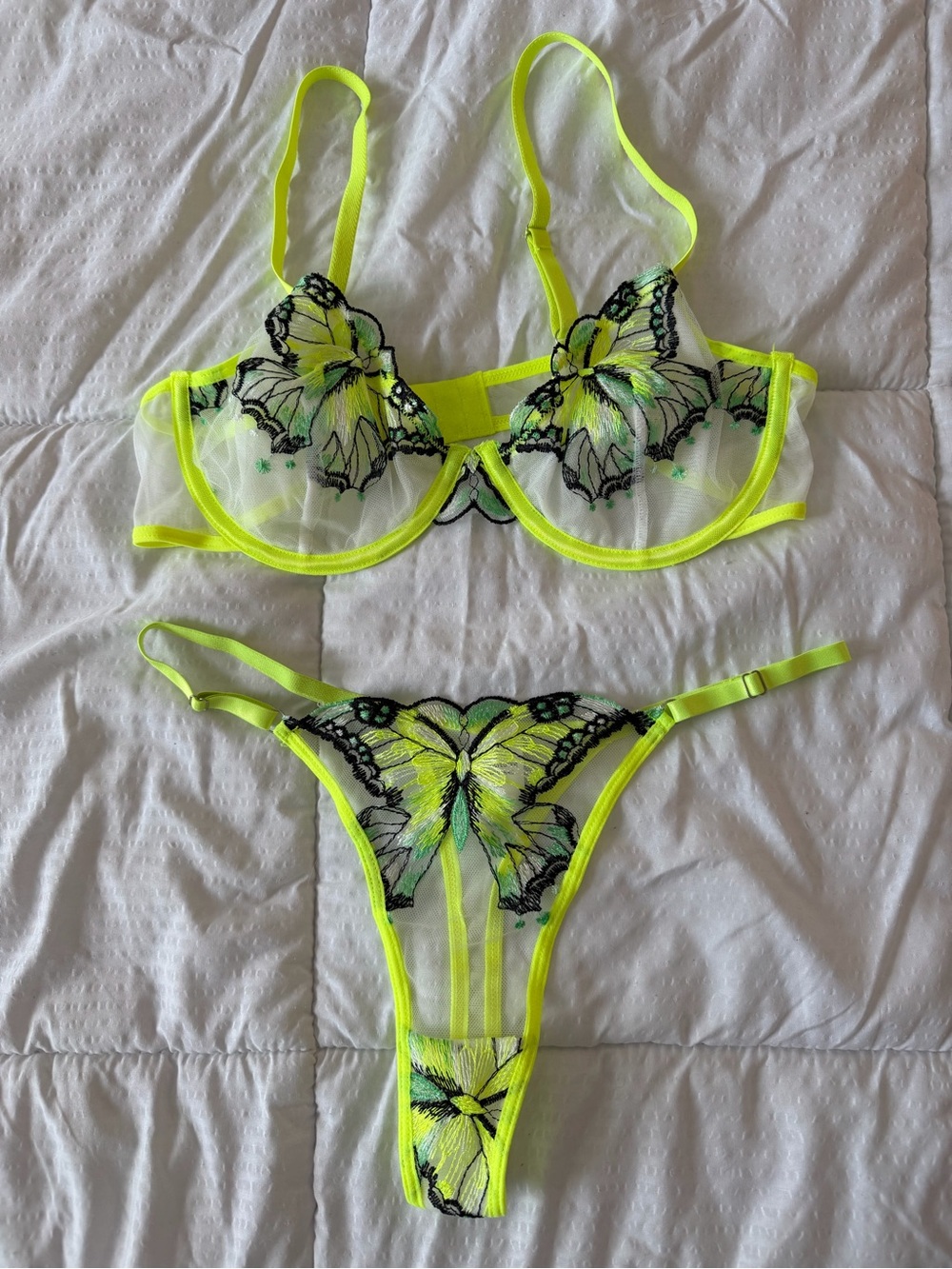 Neon Yellow Butterfly Embroidered Underwire Bra & Thong Set